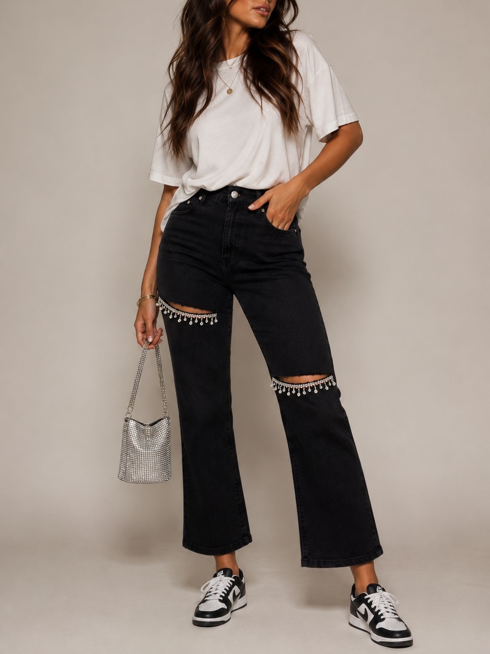 High-Rise Black Jeans with Rhinestone Cutouts - Picture 3 of 4